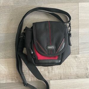 ROOTS Black and Red Compact Crossbody Bag
